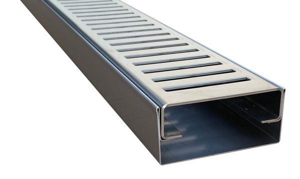 Entwässerungsrinne Edelstahl 1 Meter superflach mit Ablaufstutzen Rost Schlitzdesign, System 35/80
